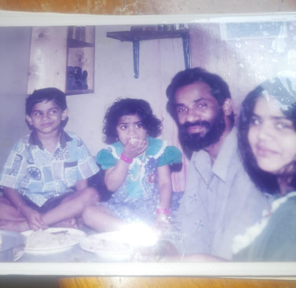 The Radhakrishnan family: Mini, Radhakrishnan, with their young children Dhanya and Dhanish, at home in the years before Kairali Arts Centre formally opened
