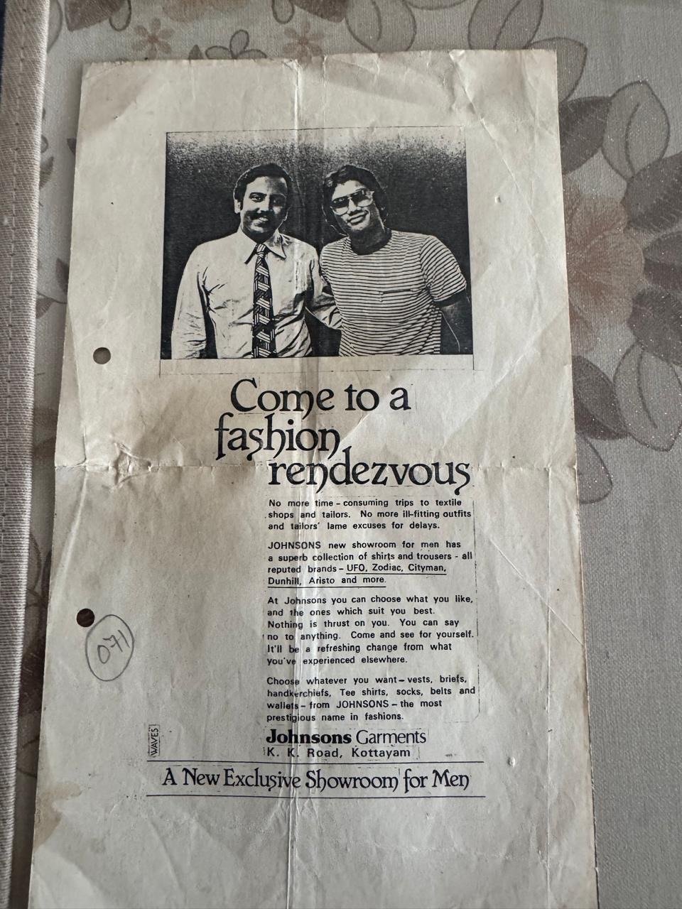 Archived Johnsons Garments advertisement featuring Dinesh in an early modelling photograph
