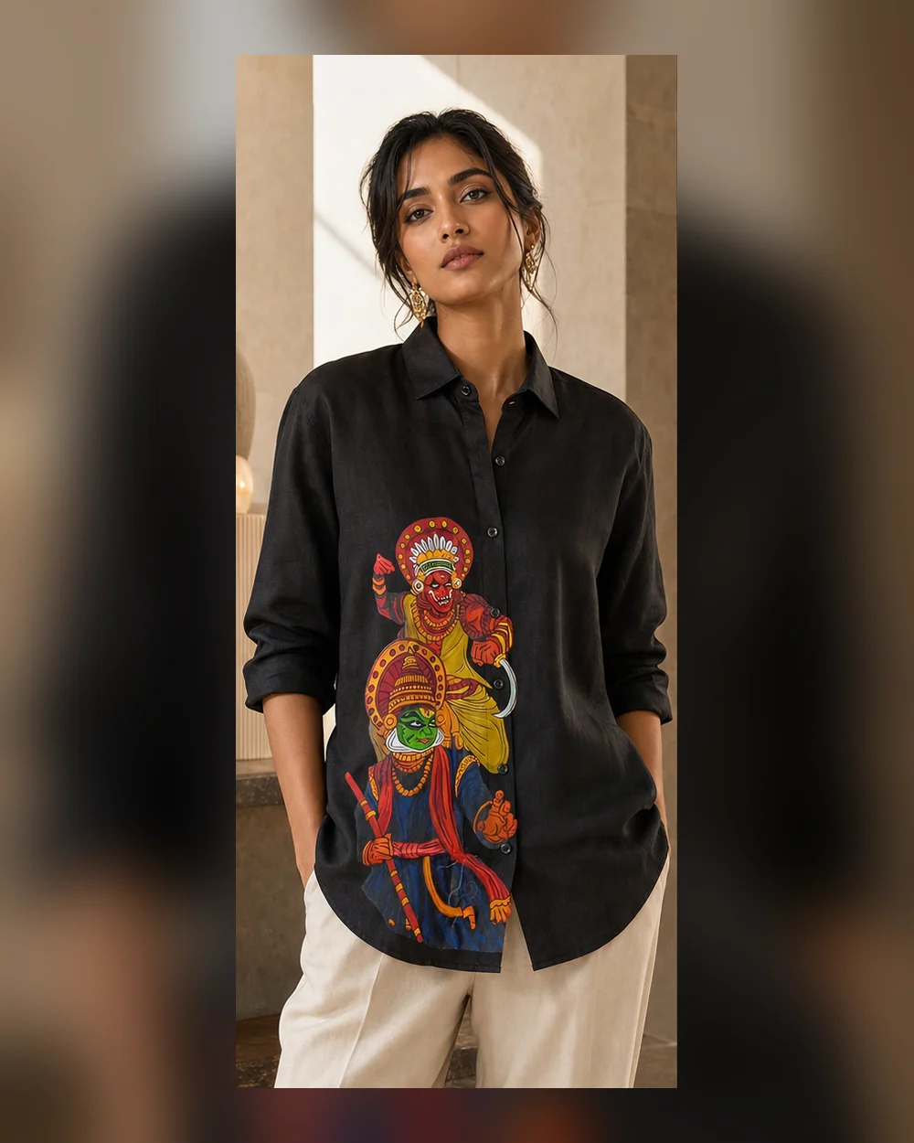 Kairali Double Theyyam heritage shirt worn by a model