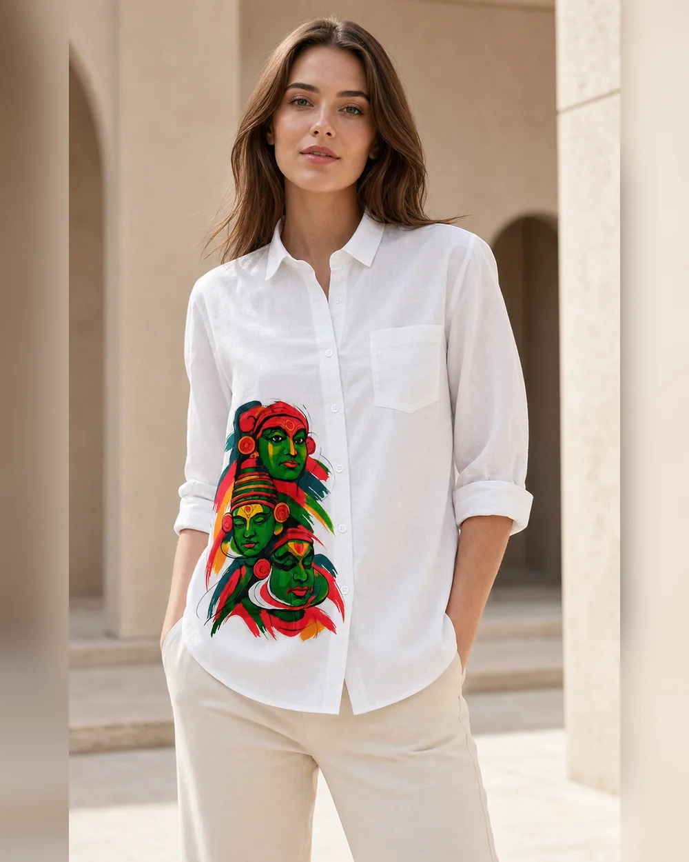 Woman wearing a Kerala Faces heritage shirt from Kairali's Germany Onam collection