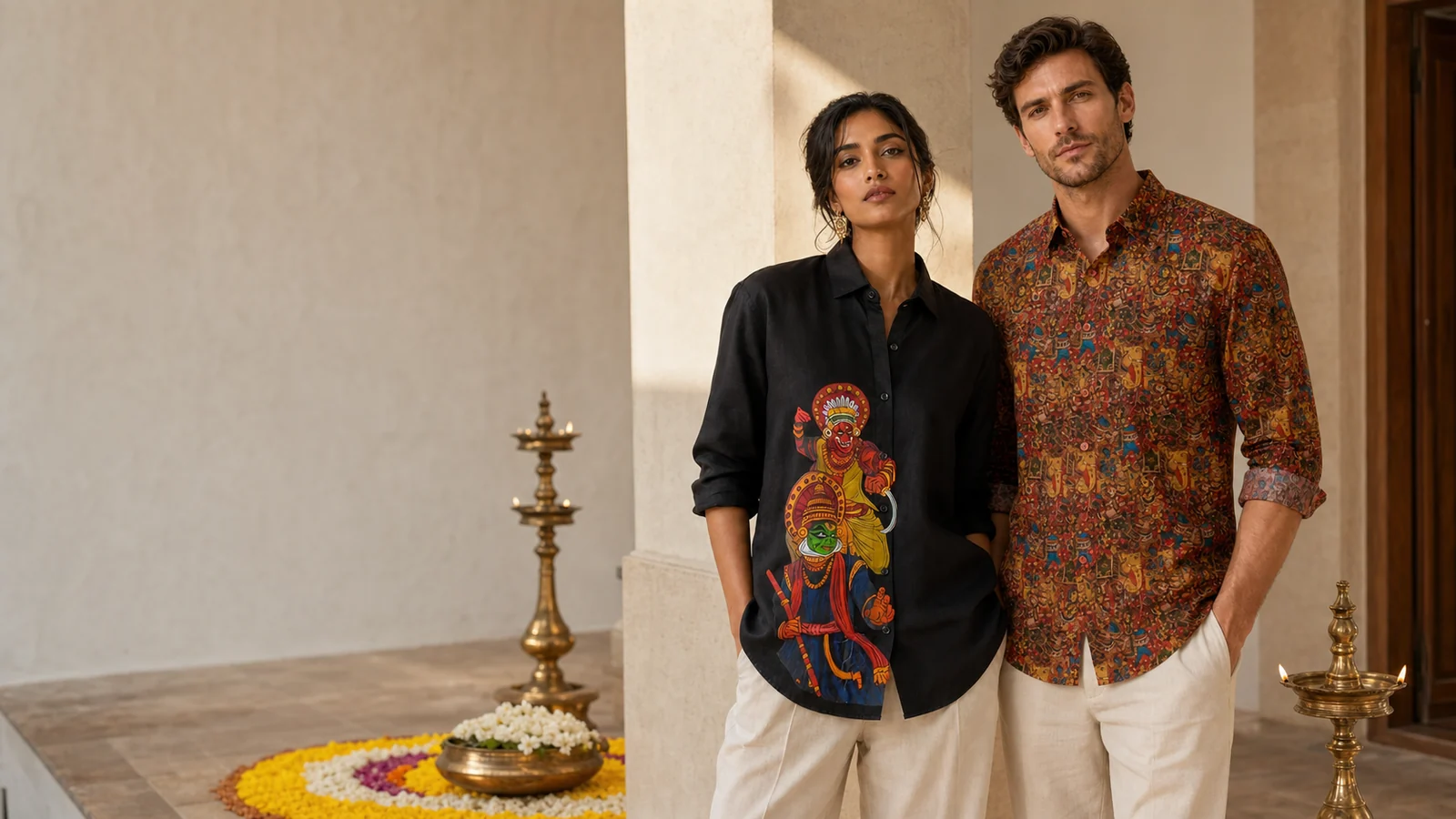 Woman and man wearing Kairali Kerala heritage shirts for Onam