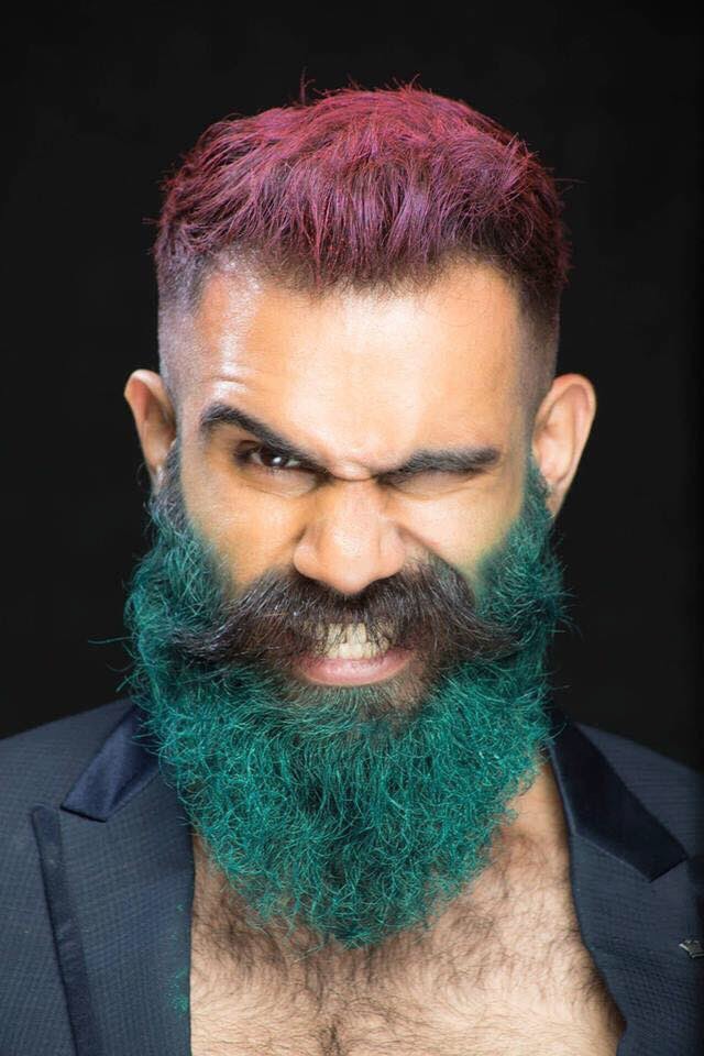 Creative direction portrait, pink hair / teal beard styling