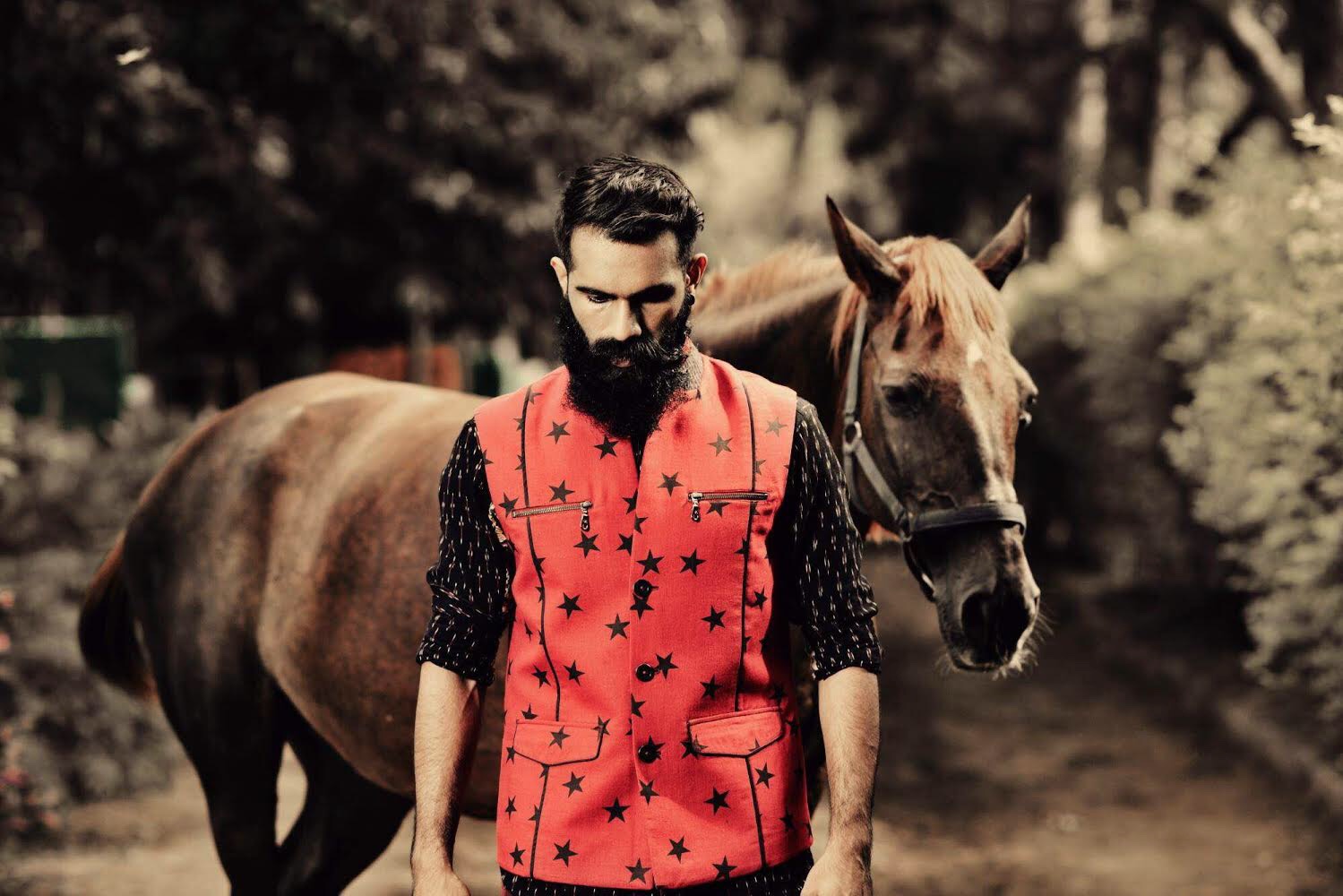 Dhanish Krishnan, brand shoot for Vivek Karunagaran (with horse, sepia editorial)