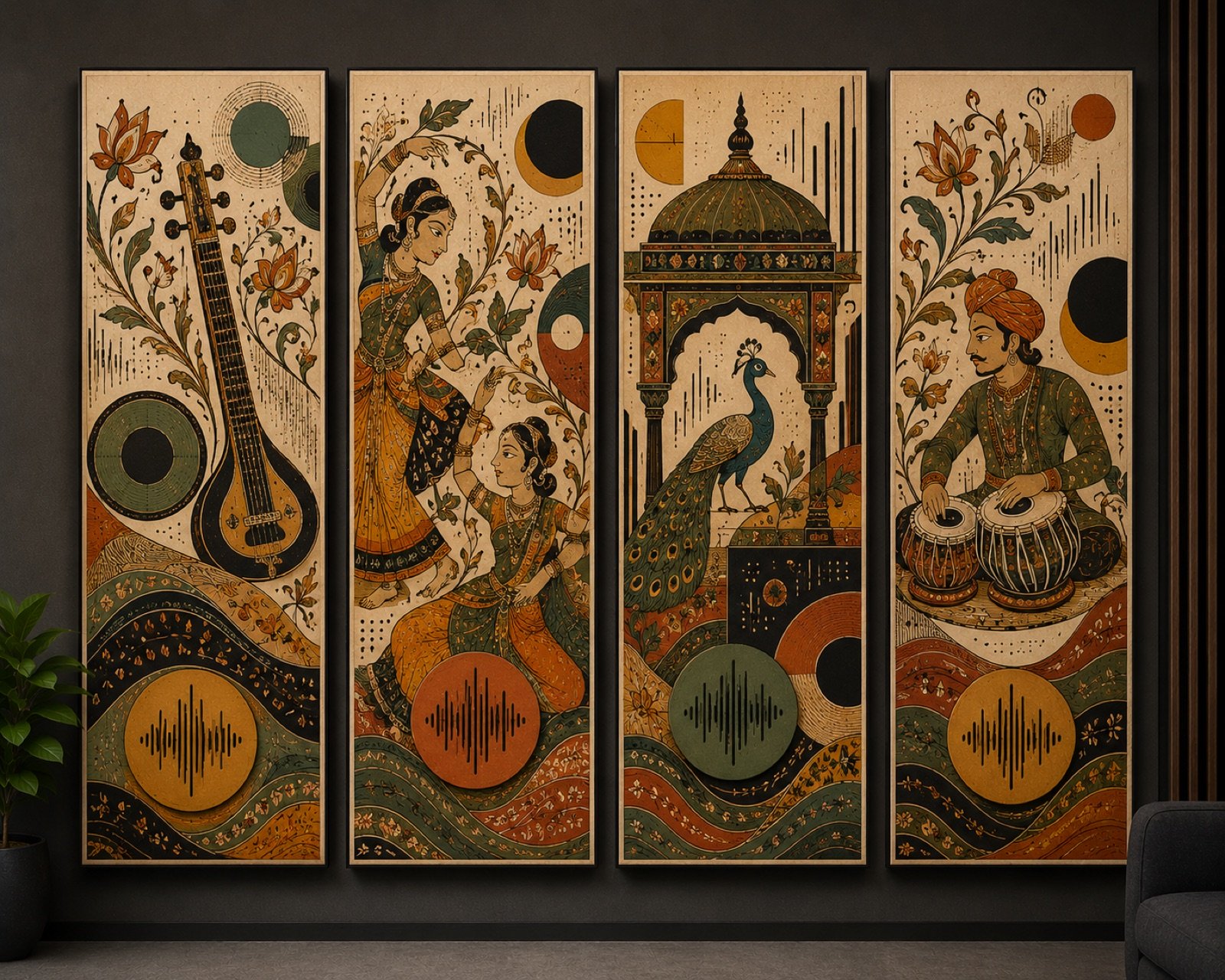 Four-panel cultural acoustic art wall — Kalamkari Musicians