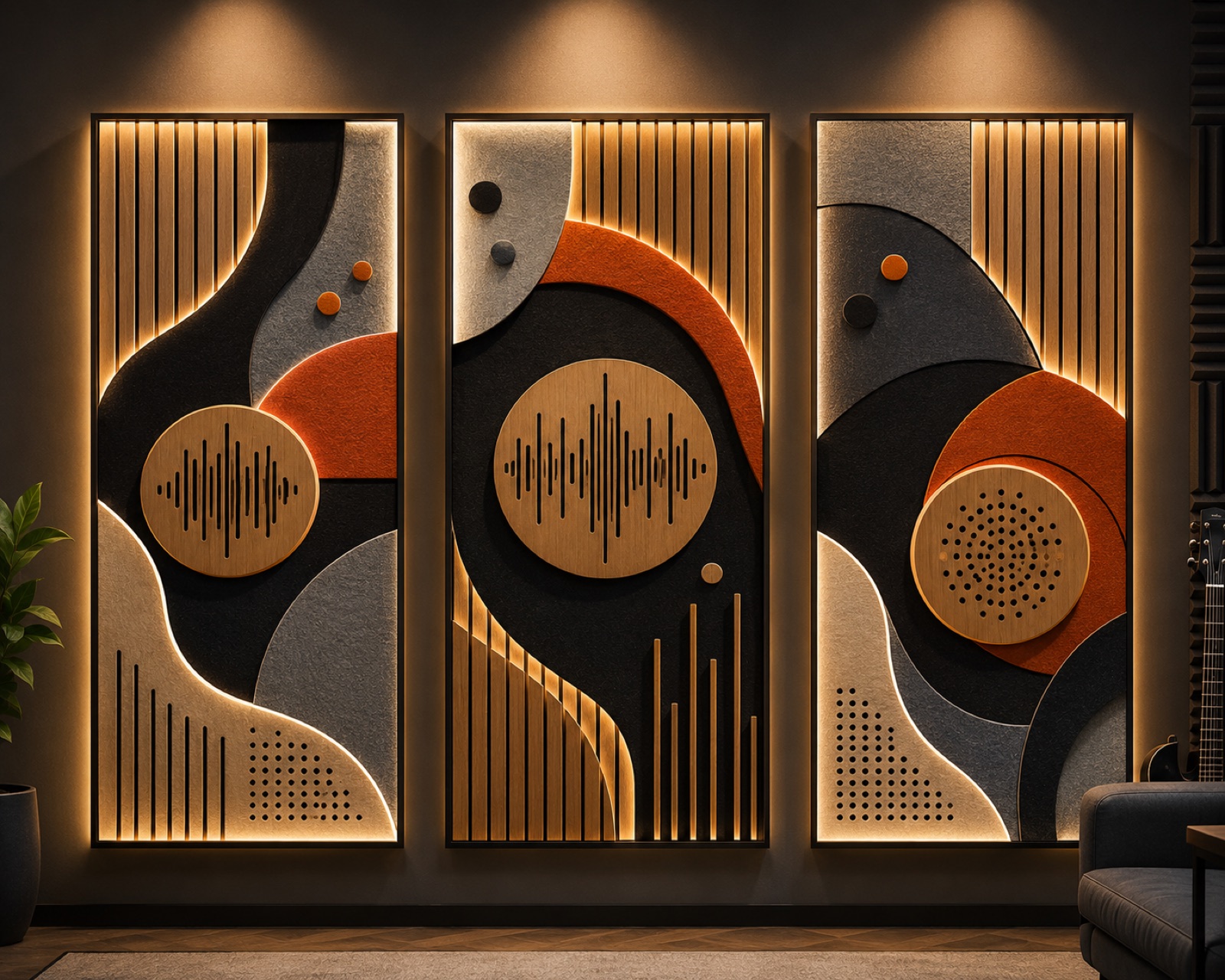 Triptych acoustic art panel set — Abstract Soundwave design